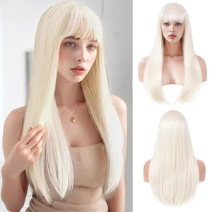 Platinum blonde Cosplay Wigs With Bangs Heat Resistant Hair Long Straight - Picture 1 of 7