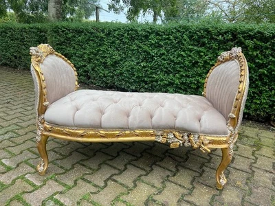 Sofa Settee Bench French Louis XVI Tan Velvet Gilt Frame Antique Style Seat - Image 1 of 4