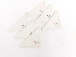 Cocktail Napkins Set 6 Linen Beige w/ EmbroideredFlower Square 10 X 10 - Picture 1 of 7