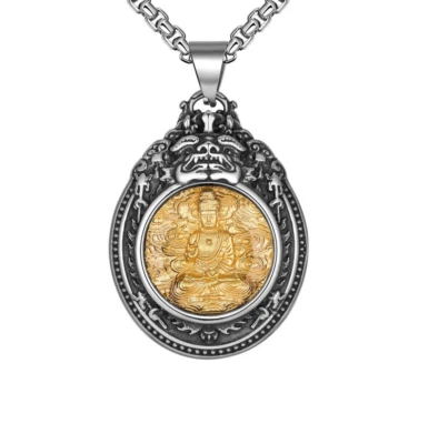 Amuleto budista masculino aço inoxidável ouro Buda colar pingente joia da sorte - Imagem 1 de 4