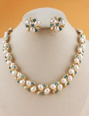 Gold Tone Jewellery Set With Faux Pearls & Blue Rhinestones Necklace & Earring - Image 1 of 4