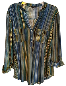 Ava & Grace blau/grün/gold V-Ausschnitt Langarm Tunika Bluse Größe 2X - Bild 1 von 5