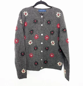 Karen Scott Pure Wool Cardigan Women Size 12 Gray Floral Embroidered Cottagecore - Picture 1 of 11