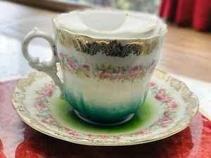 Platillo taza bigote Carl Tielsh Alemania verde azulado floral dorado - Imagen 1 de 7
