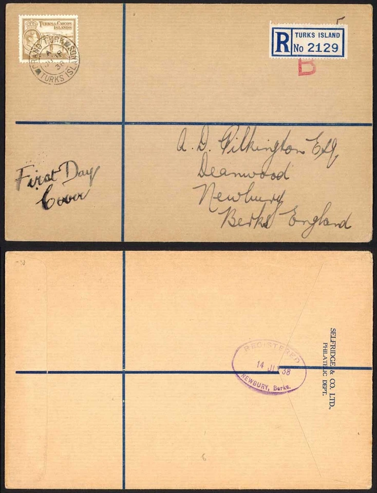 Turks and Caicos 1/- Yellow-bistre on FDC - Image 1 of 1