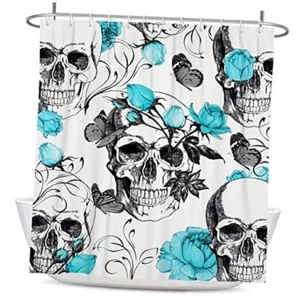 Skull Shower Curtain Skeleton Goth Gothic Spooky Floral Sugar Teal Blue Rose - Picture 1 of 8