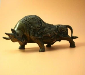 Vintage Bronze Brass Chinese Year of the Ox Feng Shui Granting Bull w Dragon - Picture 1 of 10