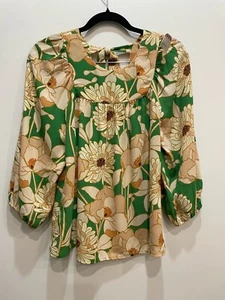 DR2 Retro Floral Print Blouse Top Size S Office Balloon Sleeve Artsy Boho Hippie - Picture 1 of 8