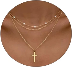 14K Gold Plated Cross Necklace Set Dainty Layered Paperclip Choker Jewelry Gift - Picture 1 of 12