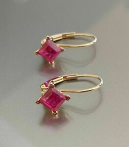 2.00Ct Princess Simulated Pink Ruby Drop Women's Earrings 14K Yellow Gold Plated