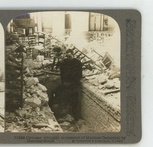 Damage interior Malines Cathedral German Shells WWI Underwood Stereoview - Bild 1 von 2