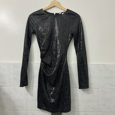H&M Women’s XS Metallic Black Sequin Event Party Glam Witchy Bodycon Mini Dress - Image 1 of 4