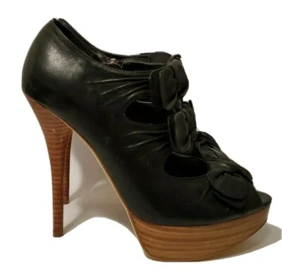 NYLA Daris Black Leather Bow Peep-Toe Stiletto Pump High Heels for Women 8.5M - Image 1 of 4