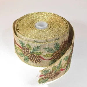 Christmas Wired Ribbon 2.5" Wide Gold Sparkles Pine Cones Holiday Craft - Picture 1 of 4