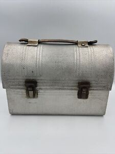 Vintage Aluminum Metal Silver Working Man's Lunch Box Leather Handle 