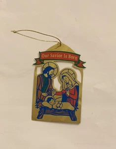 Goldfarbene Christbaumkrippe Unser Heiland ist geboren LESEN - Bild 1 von 4