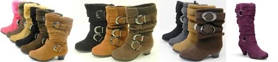 Niñas pequeñas Gamuza Tacón Bloque Cálido Invierno Piel Hebilla Moda Botas Zapatos Talla 4-8 Foto 1 de 4