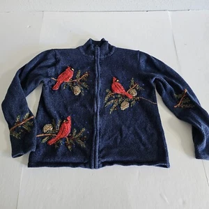 Heirloom Collectible Sm Knit Embroidery Christmas Cardinal Zip Sweater Cardigan - Picture 1 of 10