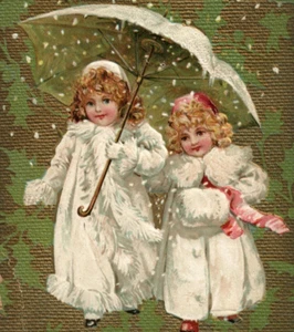 Raphel Tuck Christmas New Year Little Girls White Fur Coat Parasol Snowy B570 - Picture 1 of 3