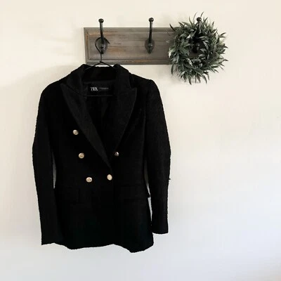 Zara Black Tweed Double Breasted Jacekt XS - Image 1 of 4