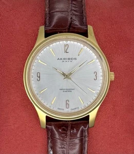 Akribos XXlV AK539YG Swiss Quartz Gold Tone Men's Brown Leather Watch 40mm - Picture 1 of 6