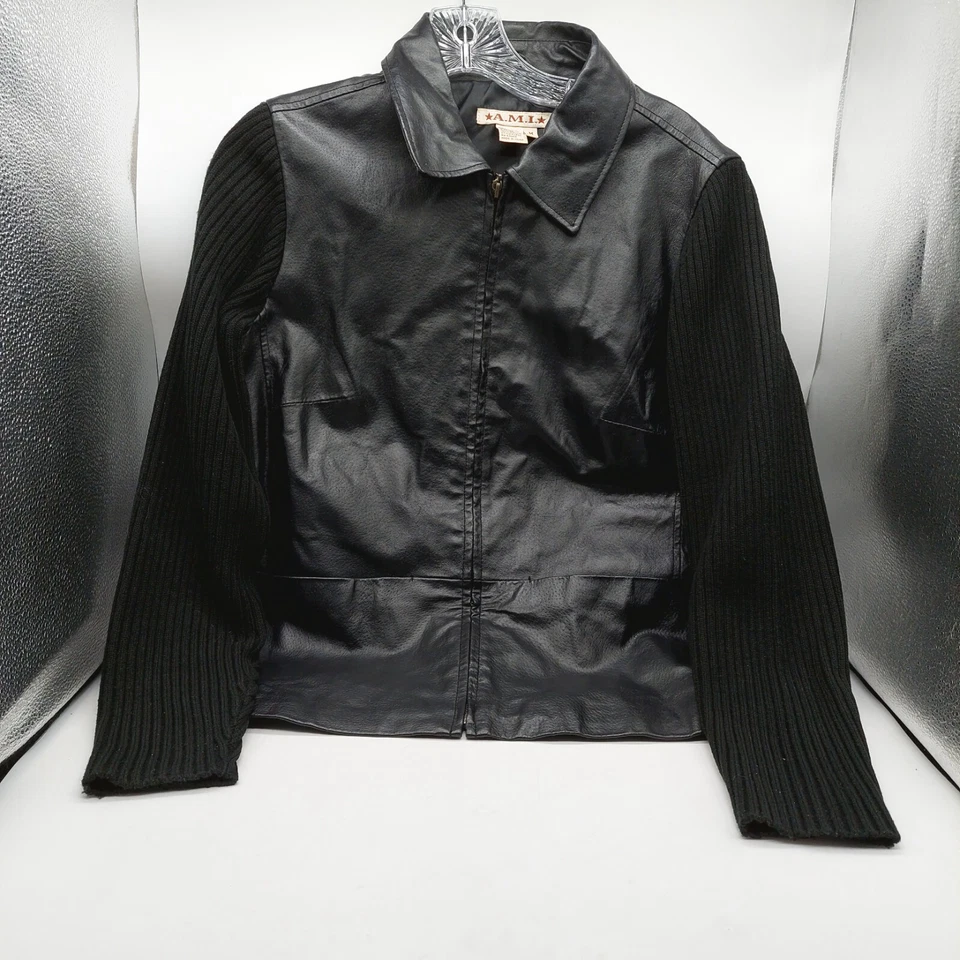 Chaqueta de motociclista de cuero AMI para mujer de cuero negro granulado talla mediana  Foto 1 de 4
