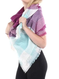 SCARF CHECKERED SOFT KNIT SHAWL FRAYED EDGE BLANKET Free shipping - Picture 1 of 6