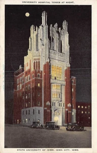 Postkarte IA: Nachtsicht, State University of Iowa, Iowa City, WB verschickt 1932 - Bild 1 von 3
