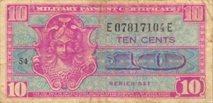 US / MPC  10  Cents  ND. 1952  Series  521  Plate # 54  Circulated Banknote M2 - Picture 1 of 2