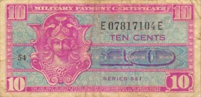 US / MPC  10  Cents  ND. 1952  Series  521  Plate # 54  Circulated Banknote M2 - Image 1 of 2