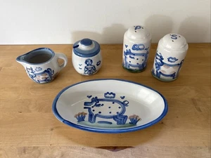 MA Hadley Vintage Pottery FARM Lot of 5 - Creamer Sugar Salt Pepper Oval Bowl - Picture 1 of 18