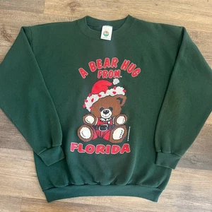 VTG 90s A Bear Hug From Florida Holiday Bear Sweater Green XL Made in USA - Picture 1 of 7