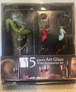 5 Piece Art Glass Wine Accessories Set Bottle Stop Charms - Picture 1 of 2