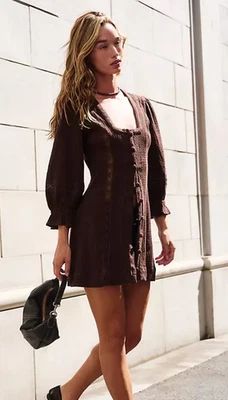 NUEVO MINI VESTIDO FREE PEOPLE ESPRESSO MARRÓN JULES CROCHET ENCAJE TALLA XS Foto 1 de 4