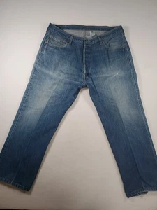 Levis 501 Jeans Mens 42x30 Blue Denim Medium Wash Button Fly Straight Distressed - Picture 1 of 23
