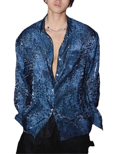 Men's Leopard Print Shirt Loose Button Down Long Sleeve Party Prom Wedding Shirt - Picture 1 of 6