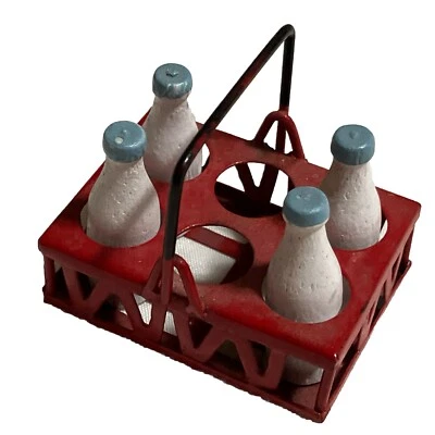 VTG MIDWEST Dollhouse Miniature Metal Porch Carrier Basket 4 Wood Milk Bottles - Image 1 of 4