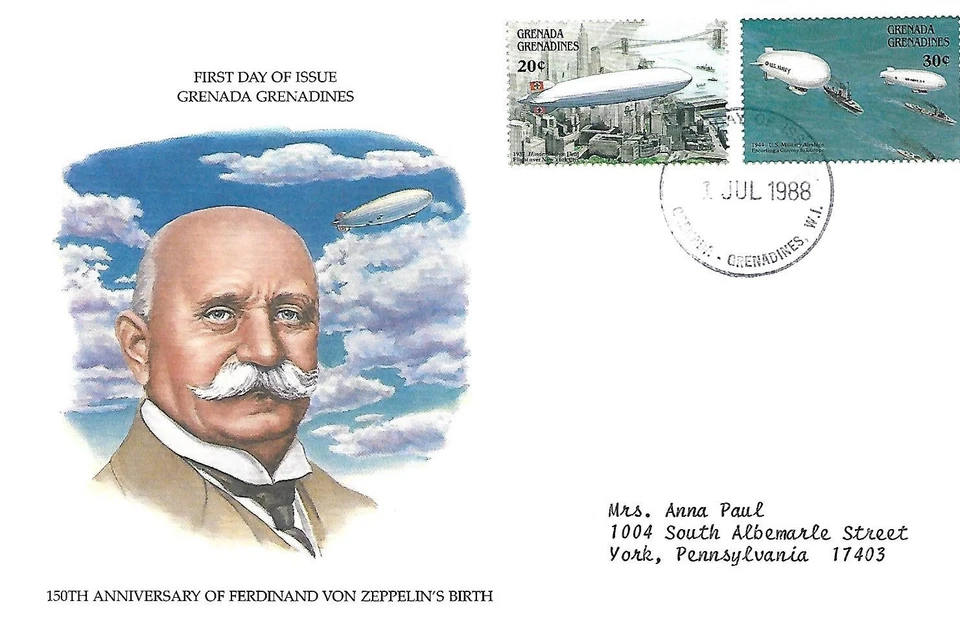 GRENADA GRENADINES 1988 FIRST DAY COVER, ZEPPELINS - Image 1 of 1