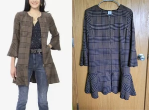 Cabi Tan Navy Plaid Flounce Ruffle Hem Full Zip Jacket Size S MSRP $179 - Picture 1 of 4