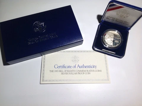 1993 U.S. BILL of RIGHTS Commemorative PROOF Silver Dollar Coin / COA BenL4C Cover