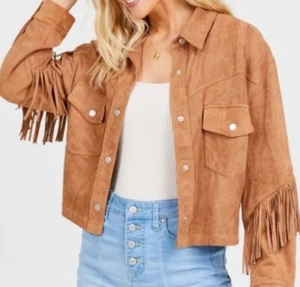 Altar'd State Cropped Western Fringe Faux Suede Brown Button Down Jacket Sz XS - Picture 1 of 13