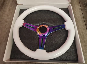 Volante Hiwowsport Clásico Blanco Coche Carreras Cromo Plata Radios 350mm 14 - Imagen 1 de 3