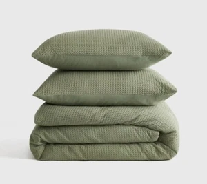 NWT! Quince 100% Organic Cotton Waffle Olive Duvet & 2 Shams! King/ Cal King(54) - Picture 1 of 11