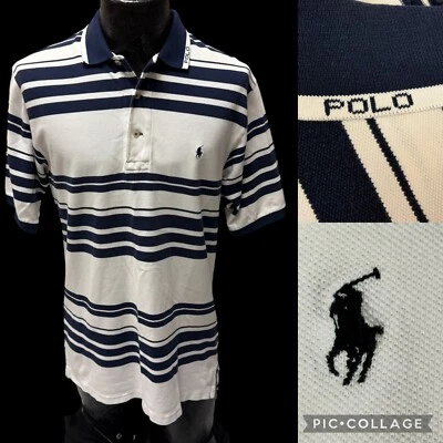 Vtg 90's Y2K Ralph Lauren White Blue STRIPE Polo SPELLOUT Pony Logo GOLF Shirt M - Image 1 of 4