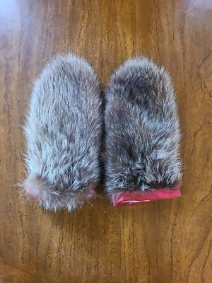 Vintage Real Rabbit (?) Fur Mittens Gloves Gray/Brown with Red  - Image 1 of 4