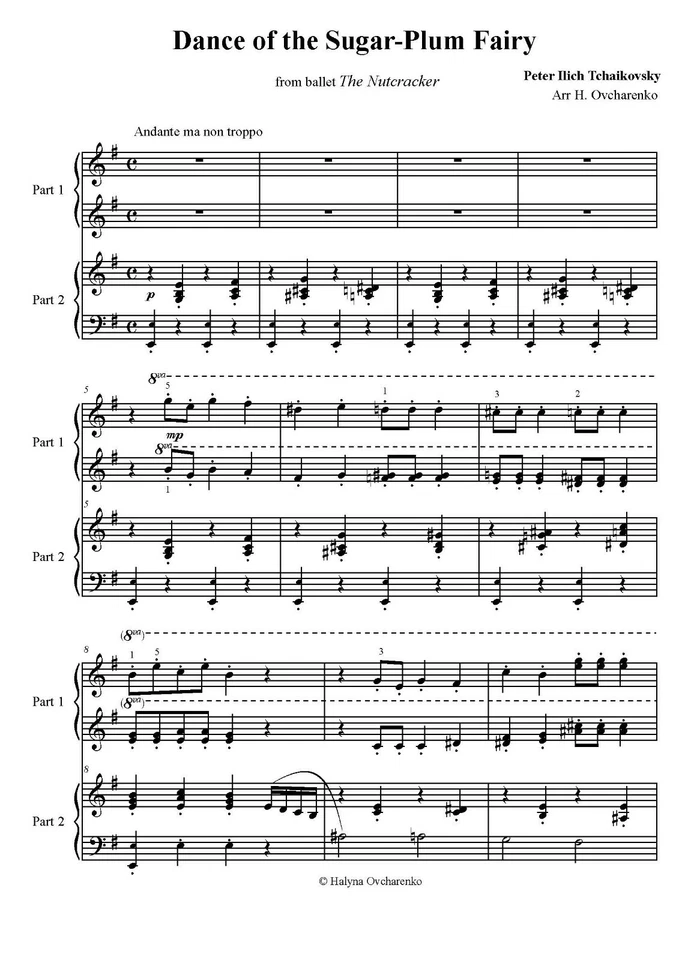 Easy Tchaikovsky Dance of the Sugar Plum Fairy. Piano duet music sheets in PDF - Image 1 of 1