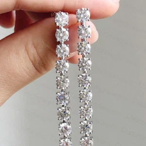 4 mm Round Cut Certified Moissanite Tennis Hanging Earring 14k White Gold Plated - Picture 1 of 12
