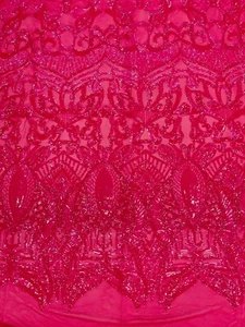 Neon Pink Sequins Fabric on Spandex Mesh 4 Way Stretch,Lace Fabric By The Yard - Picture 1 of 6