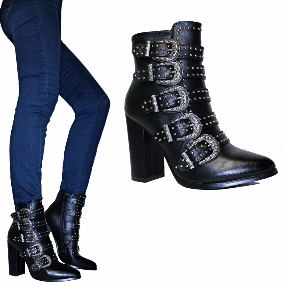 SCARPE DONNA Tronchetti Stivaletti Fibbie Anfibi Stivali Tacchi alti 10 B48 - Immagine 1 di 1