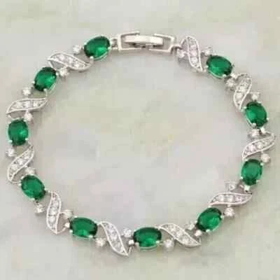 12Ct LabCreated Oval Cut Emerald Women's Tennis Bracelet 14K White Gold Plated7" - Image 1 of 4